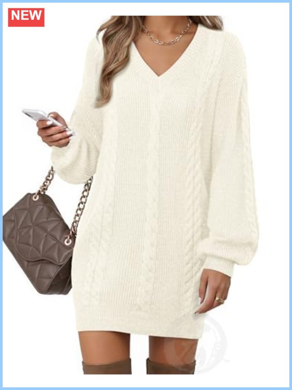 Women's V Neck Lantern Sleeve Knit Mini Sweater Dress Pullover